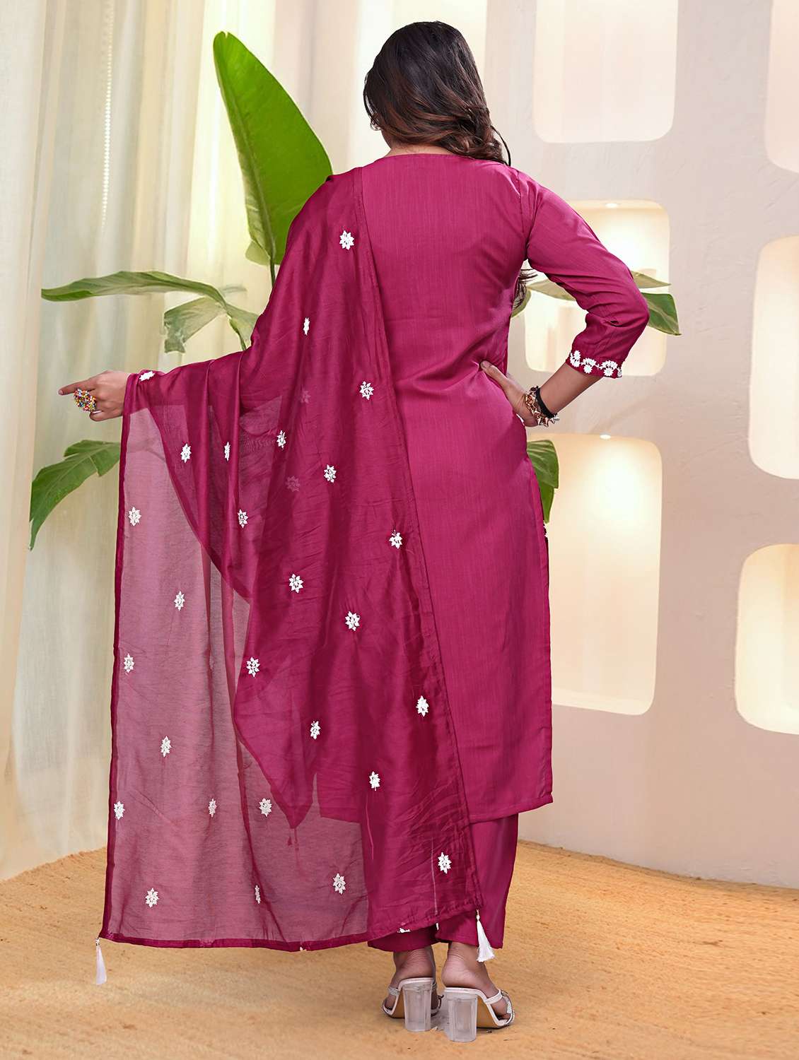 women solid with work three quarter sleeve kurta pant with dupatta set - 22220187 -  Standard Image - 1