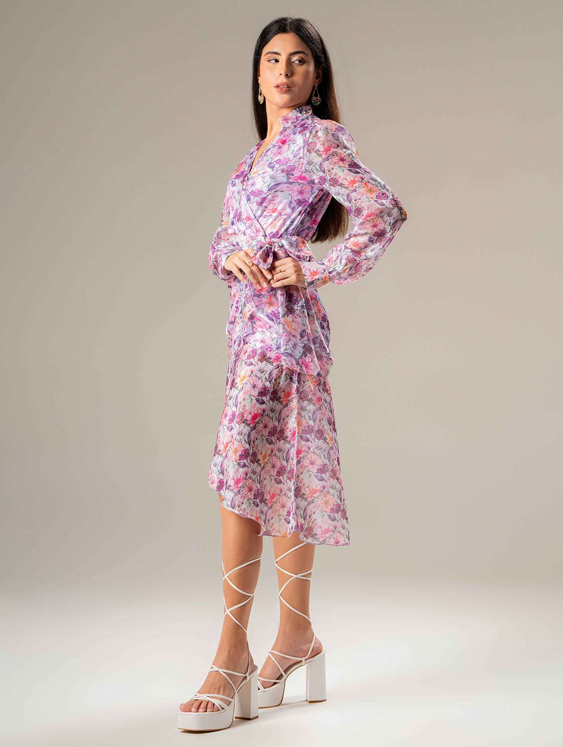 women floral print puff sleeve wrap dress - 22220198 -  Standard Image - 1