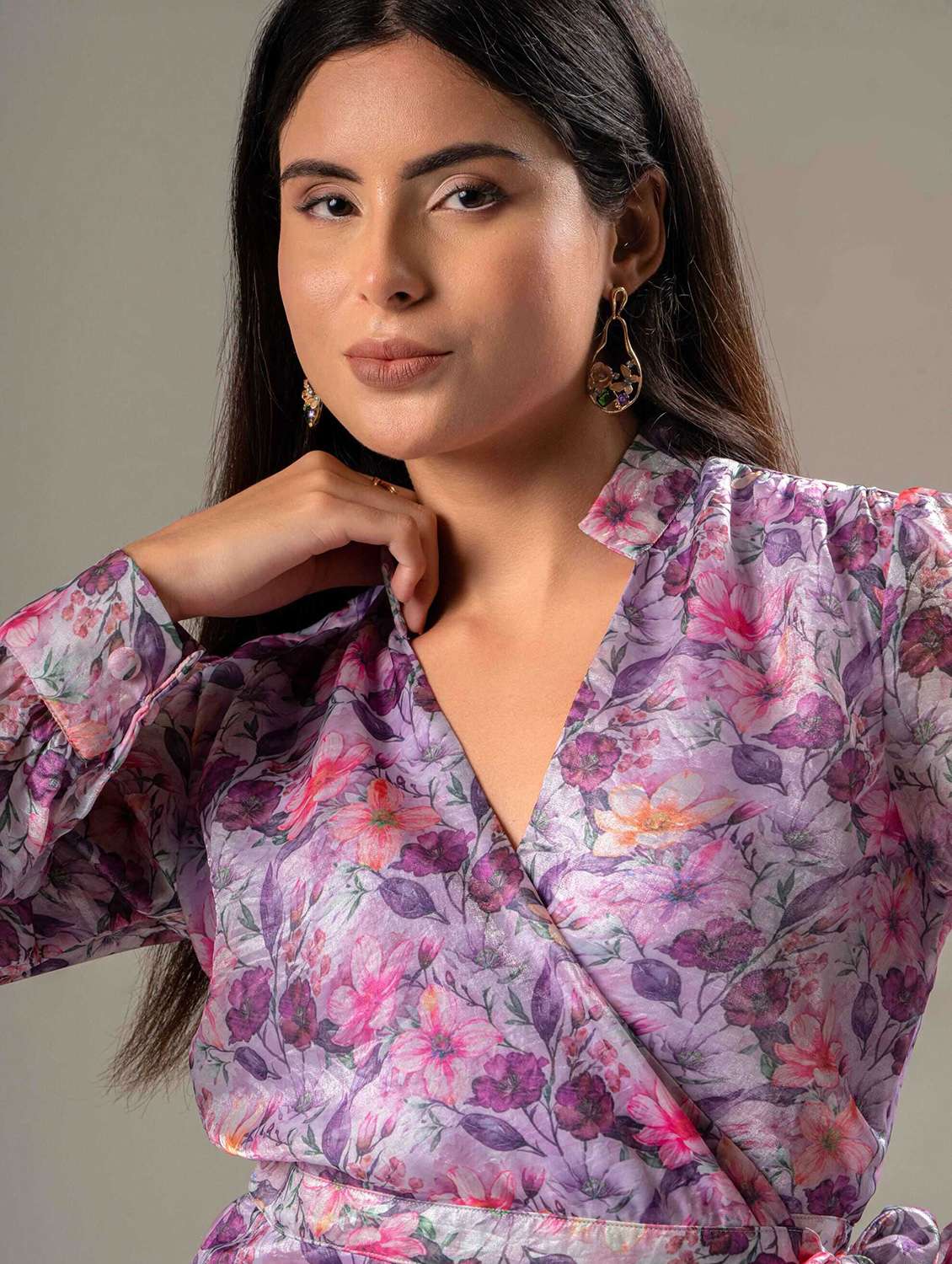 women floral print puff sleeve wrap dress - 22220198 -  Standard Image - 4