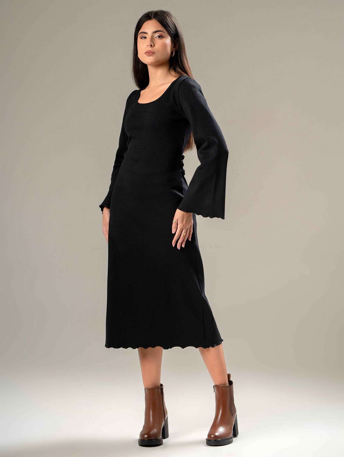 women solid bell sleeve bodycon dress - 22220200 -  Standard Image - 1