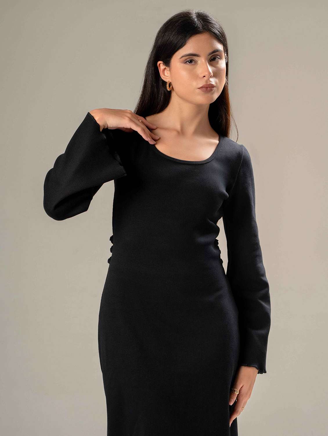women solid bell sleeve bodycon dress - 22220200 -  Standard Image - 4