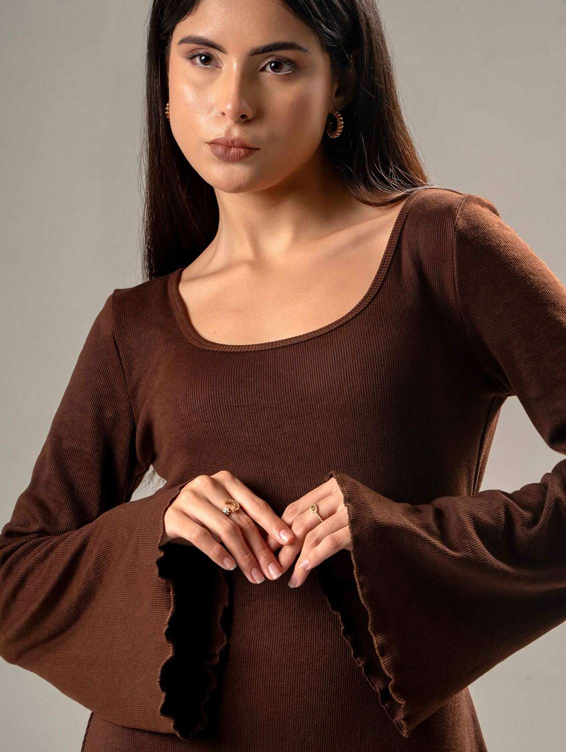 women solid bell sleeve a-line dress - 22220201 -  Standard Image - 4