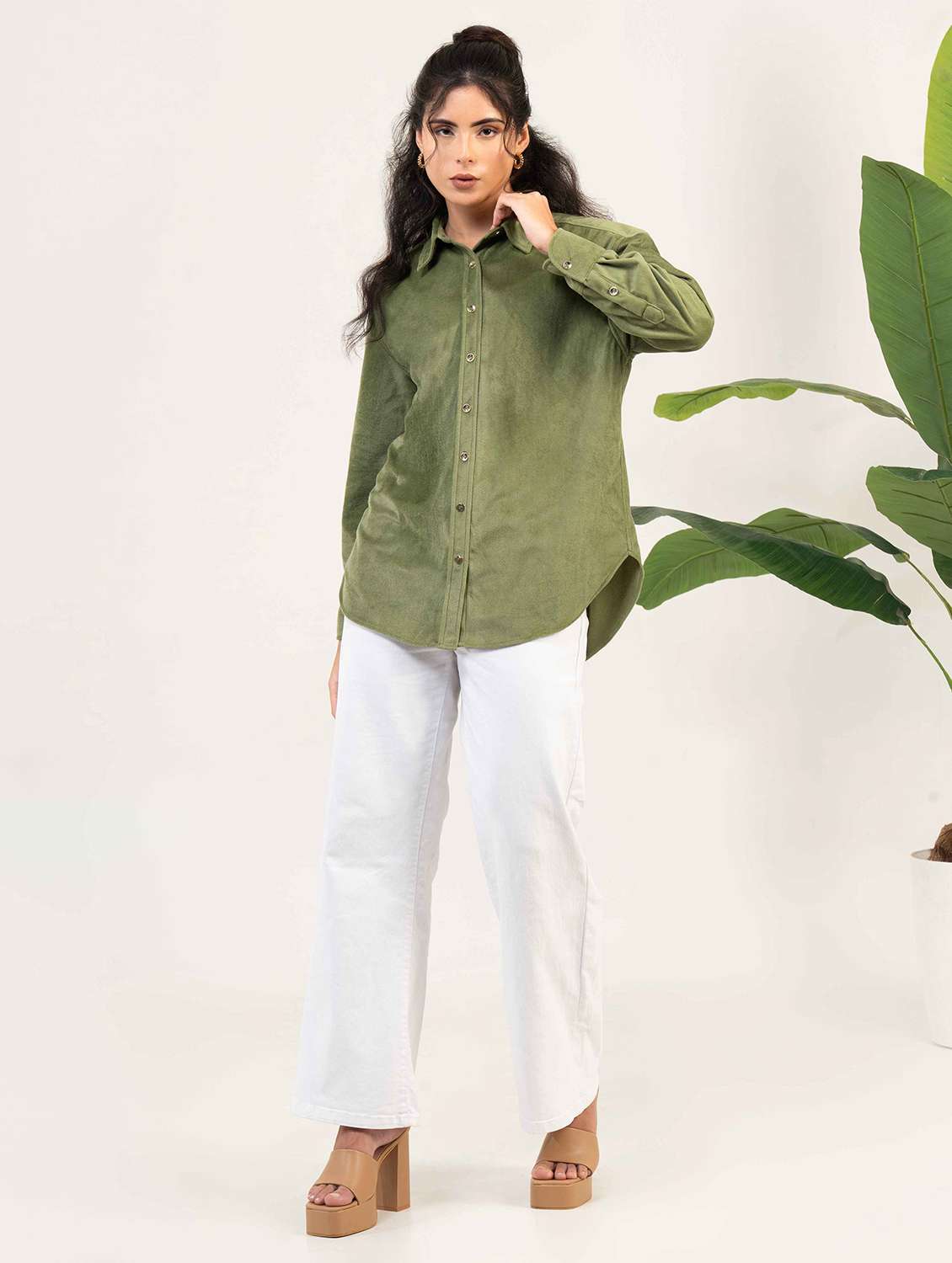 women solid collared long sleeve shirt