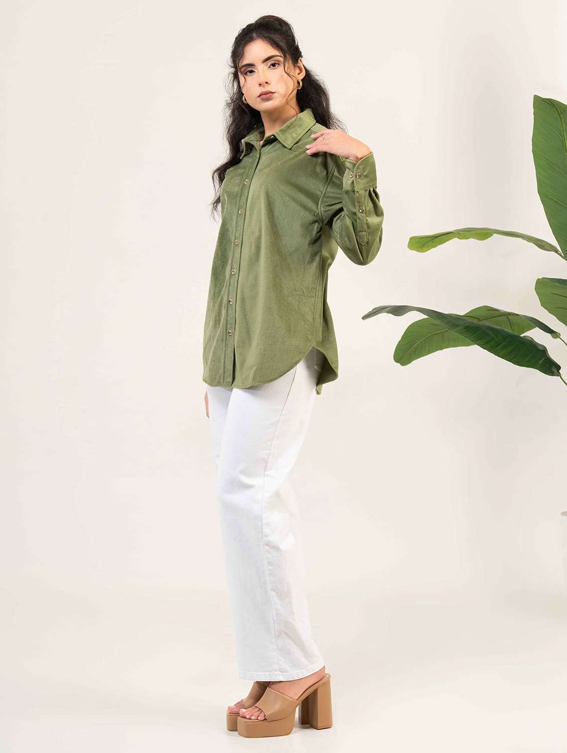 women solid collared long sleeve shirt - 22220245 -  Standard Image - 1