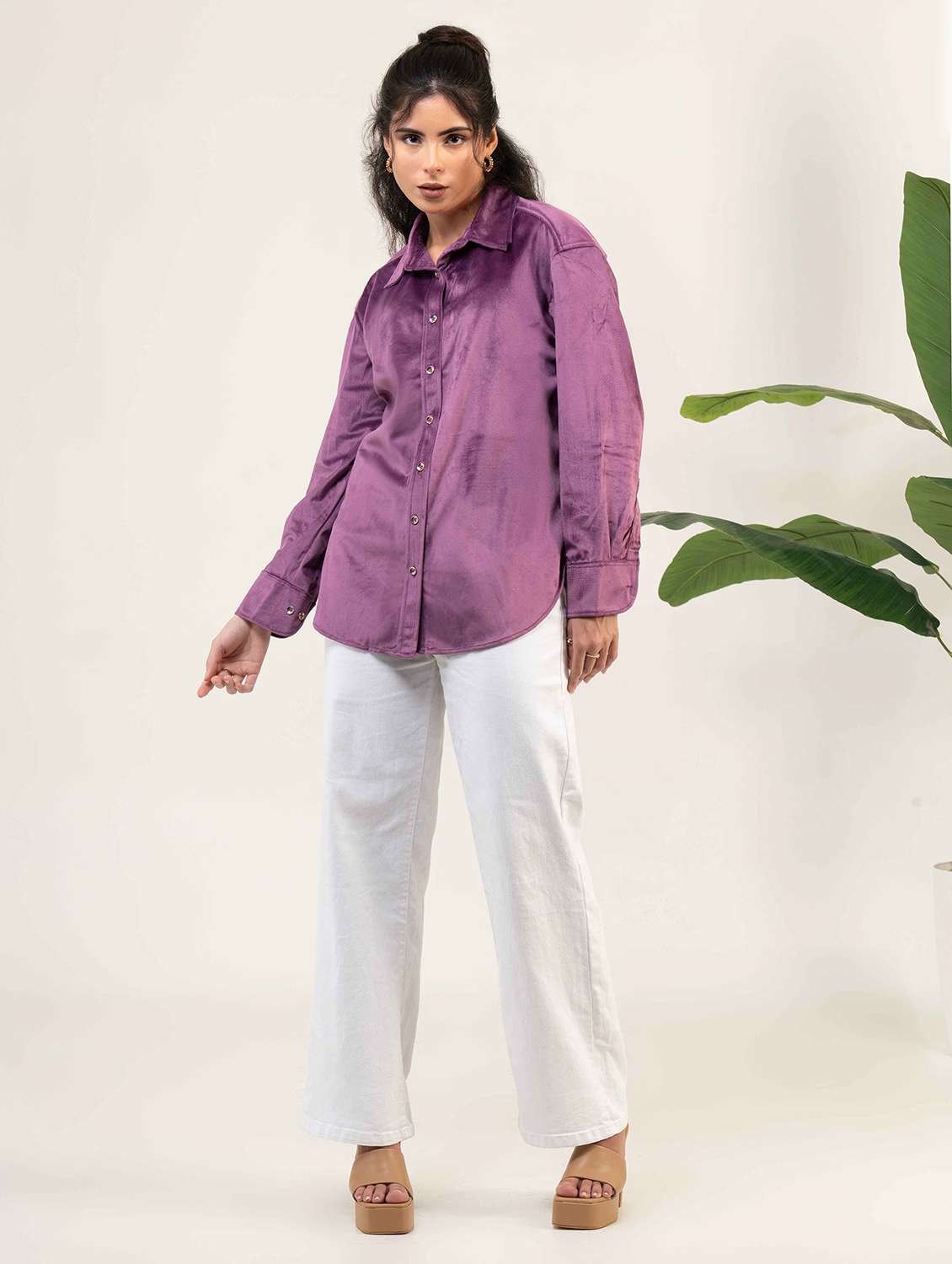 women solid collared long sleeve shirt - 22220247 -  Standard Image - 1