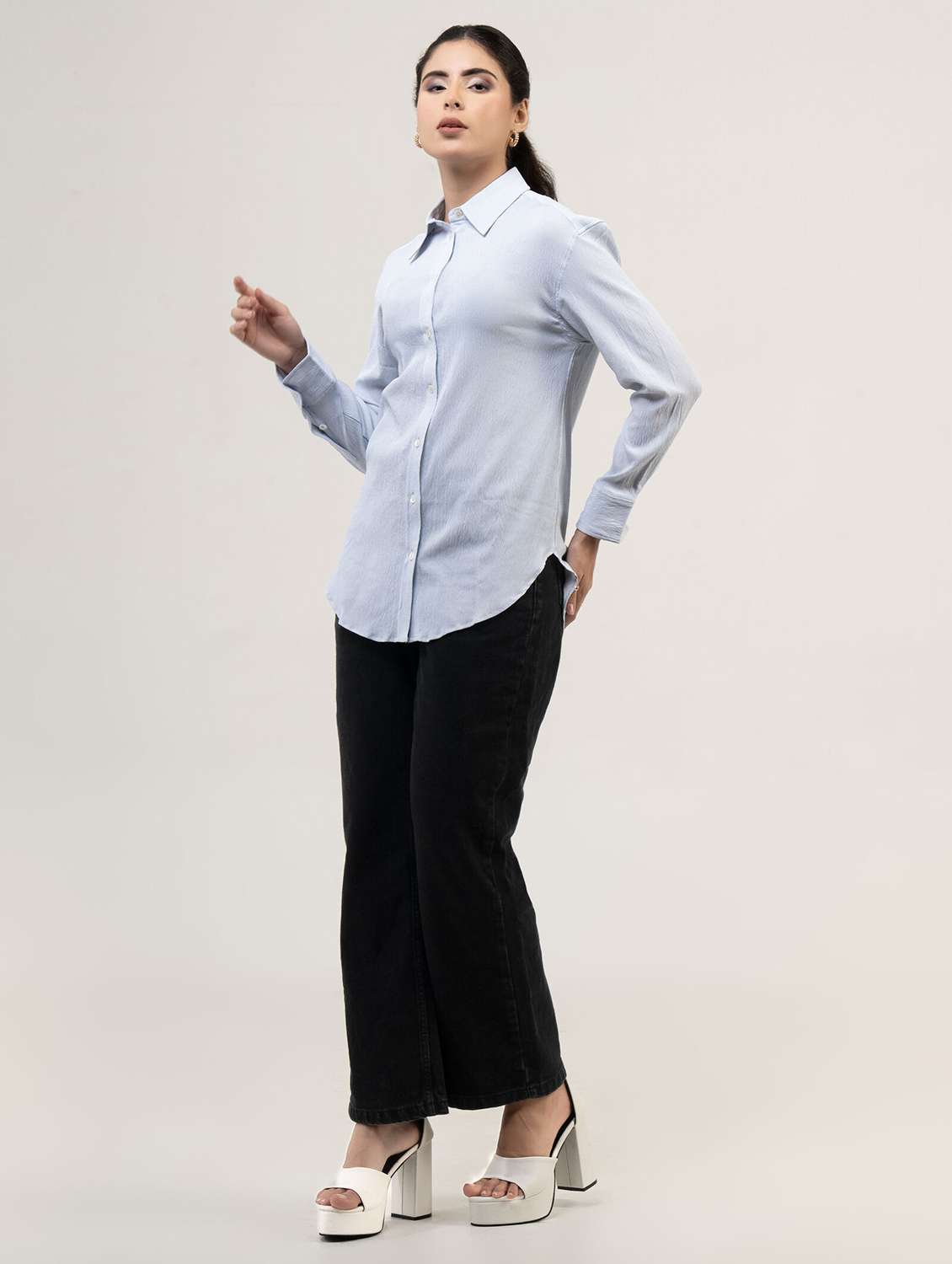women solid collared long sleeve shirt - 22220248 -  Standard Image - 1