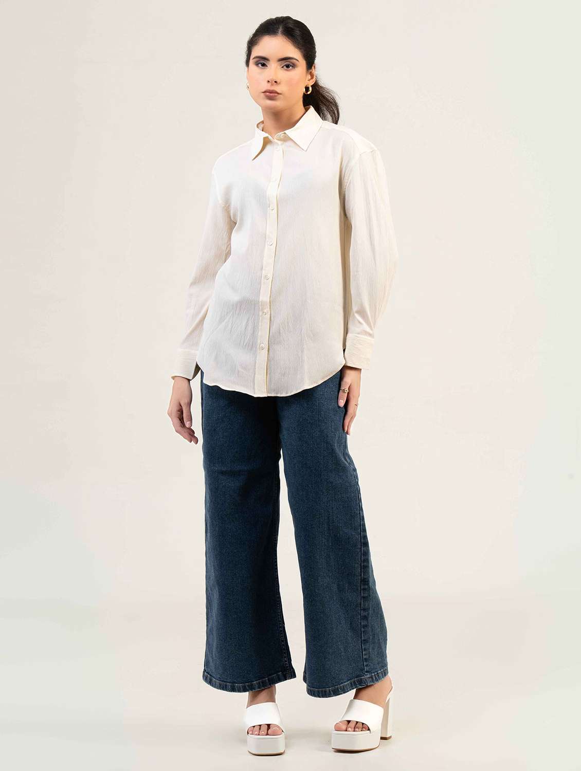 women solid collared long sleeve shirt - 22220249 -  Standard Image - 1