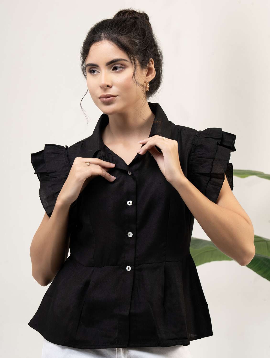 women solid ruffle sleeve peplum top - 22220313 -  Standard Image - 4