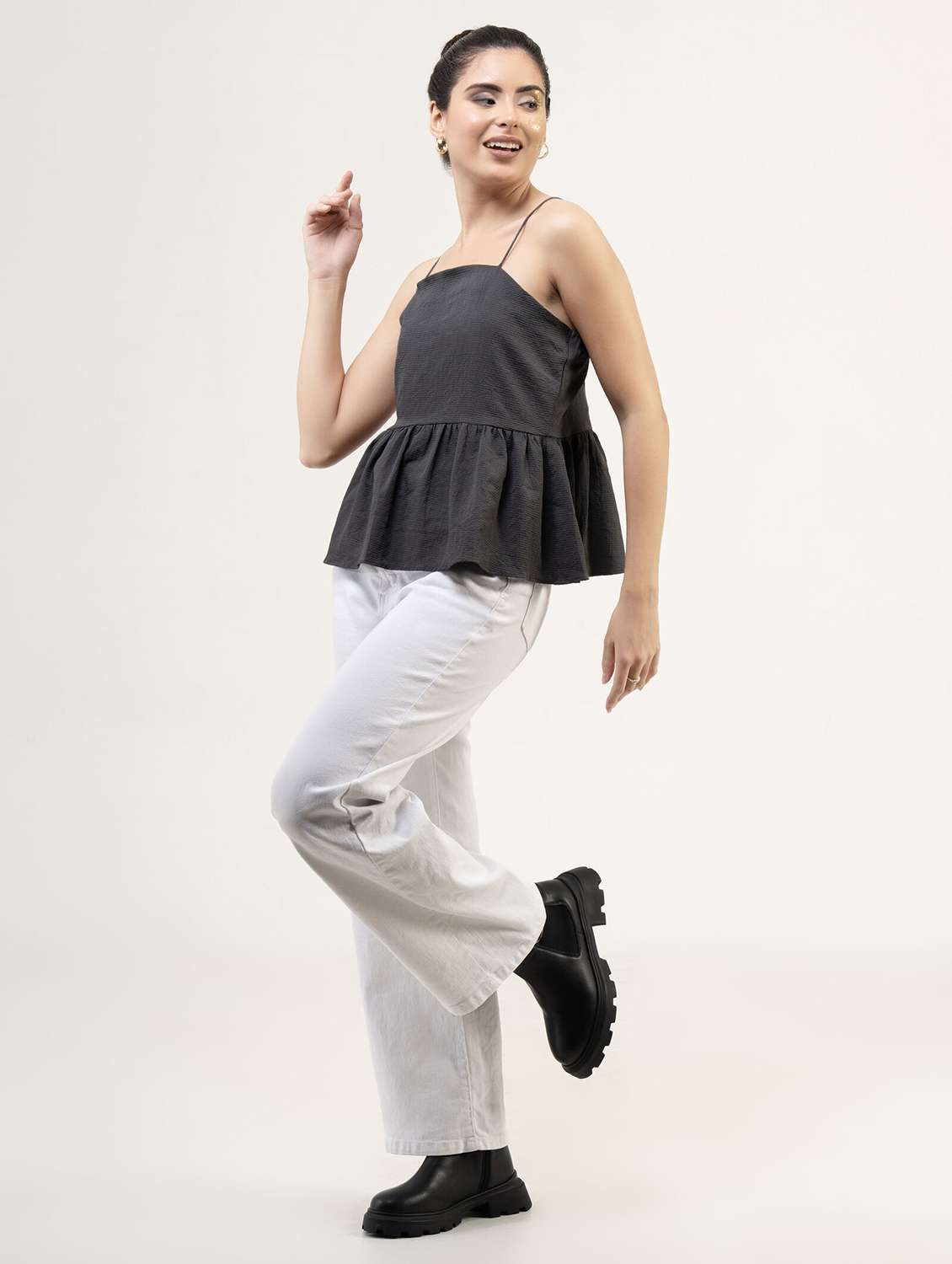 women solid shoulder strap peplum top - 22220318 -  Standard Image - 1