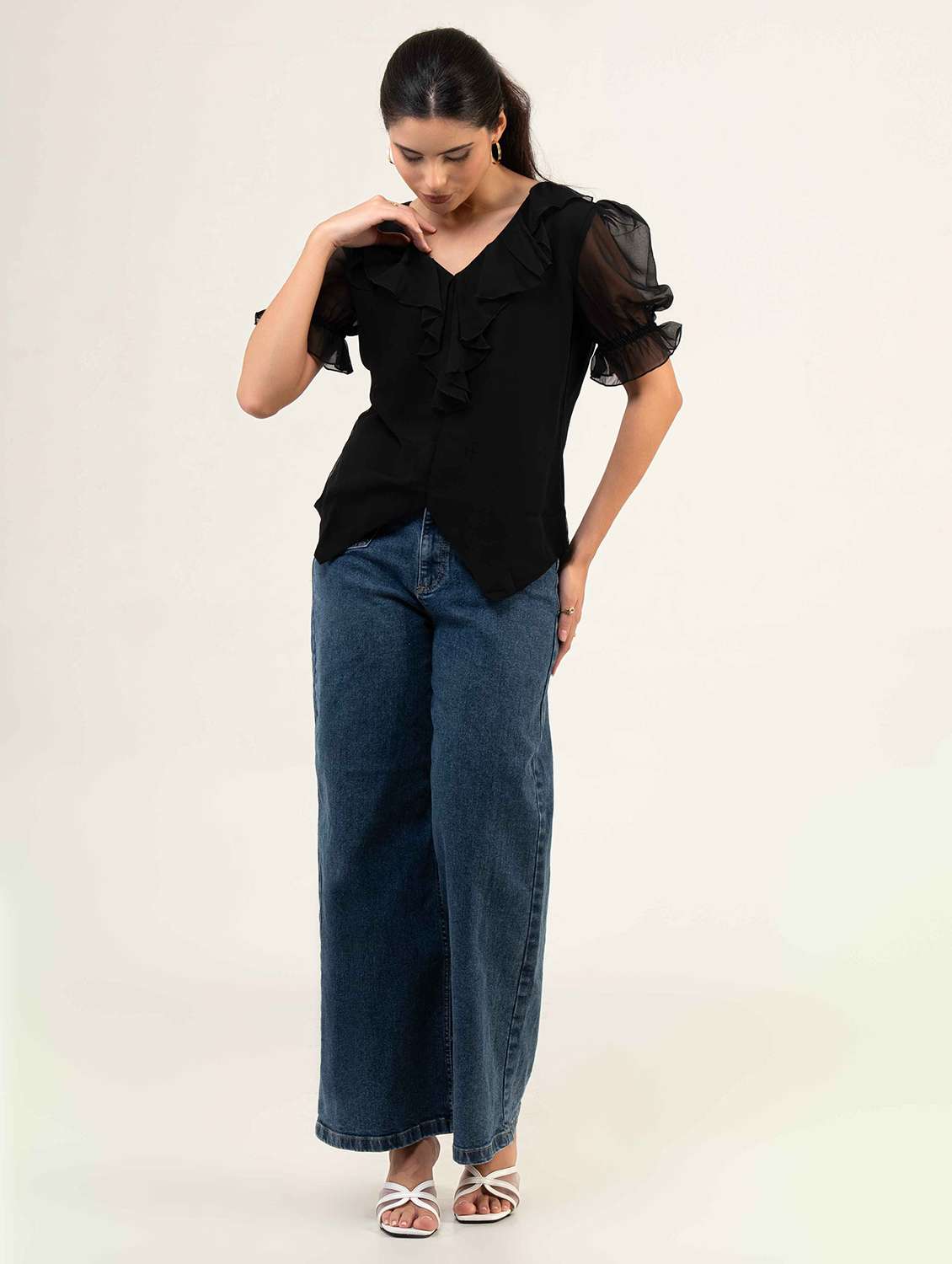 women solid puff sleeve asymmetric top - 22220321 -  Standard Image - 1
