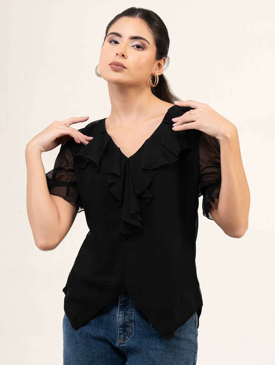 women solid puff sleeve asymmetric top - 22220321 -  Standard Image - 4