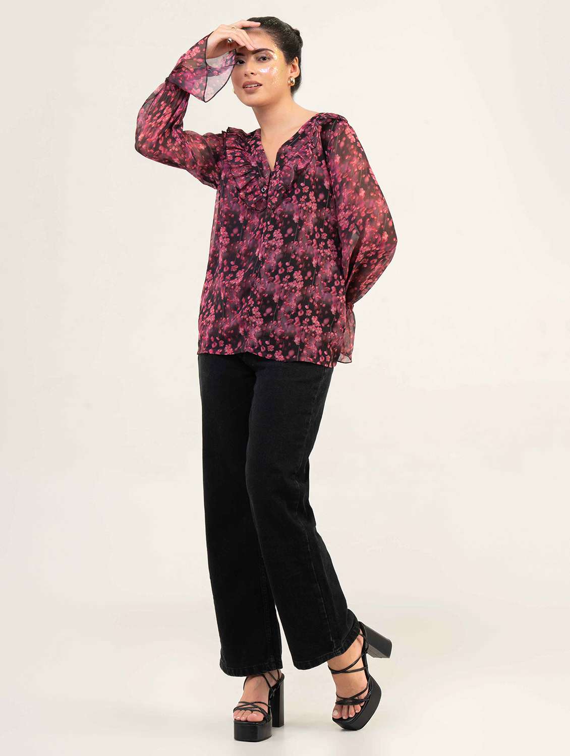 women printed long sleeve straight top