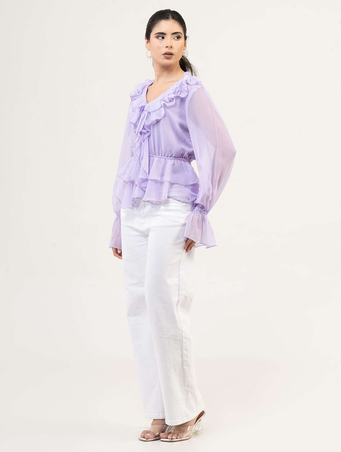 women solid bell sleeve ruffle top - 22220327 -  Standard Image - 1