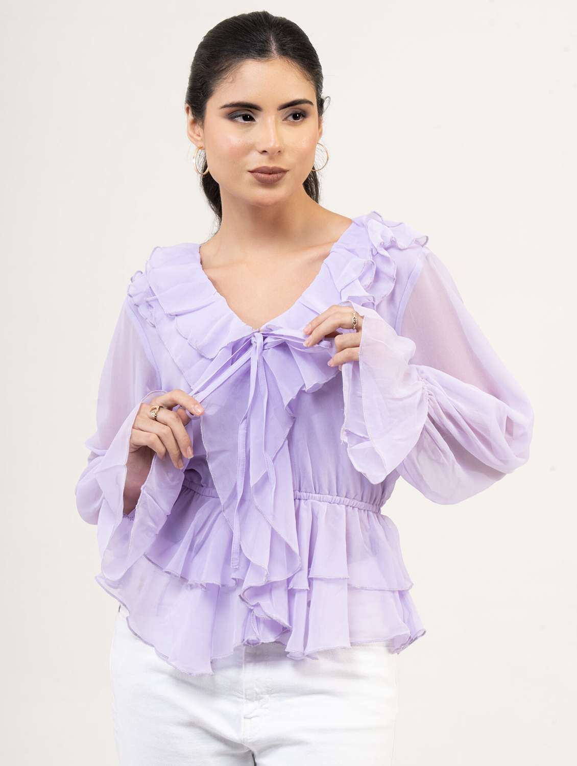 women solid bell sleeve ruffle top - 22220327 -  Standard Image - 4