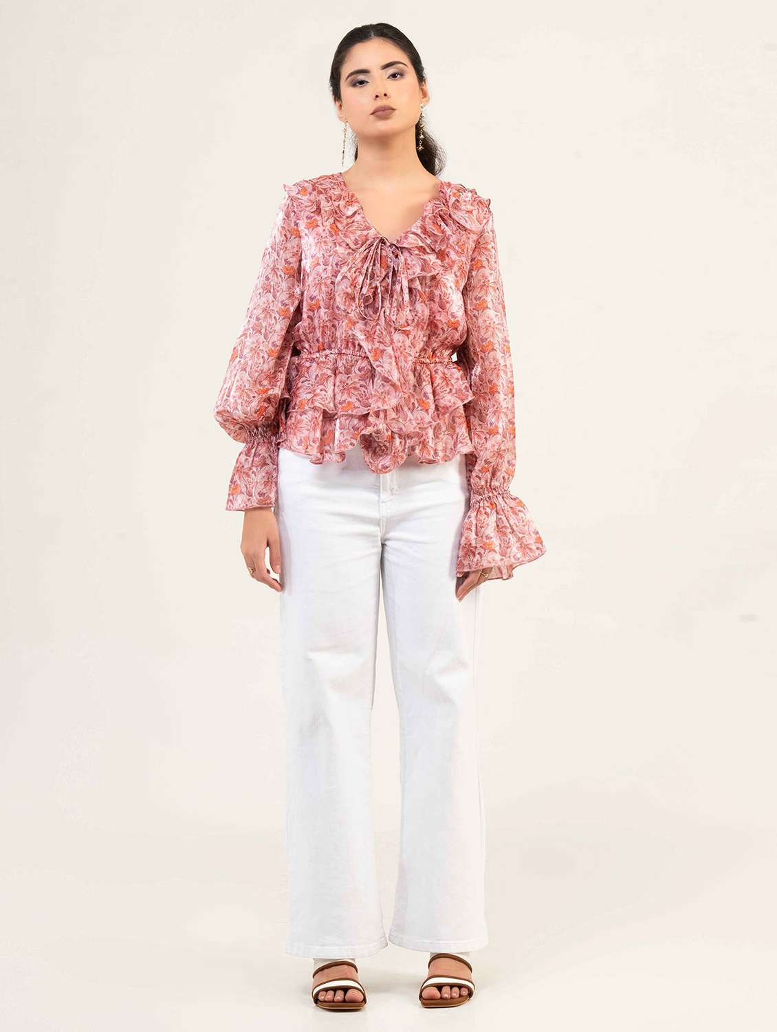 women floral print bell sleeve ruffle top