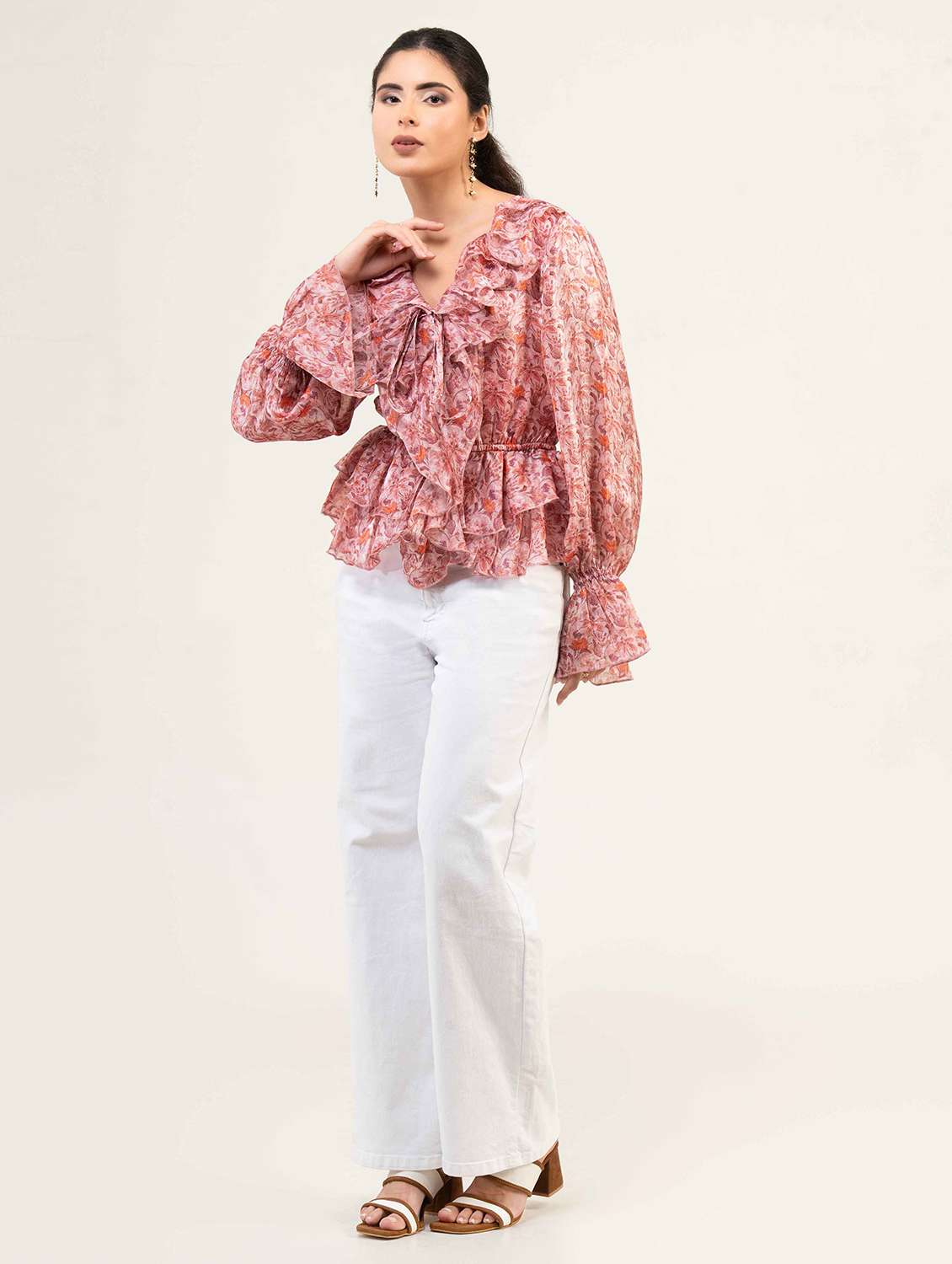 women floral print bell sleeve ruffle top - 22220328 -  Standard Image - 1