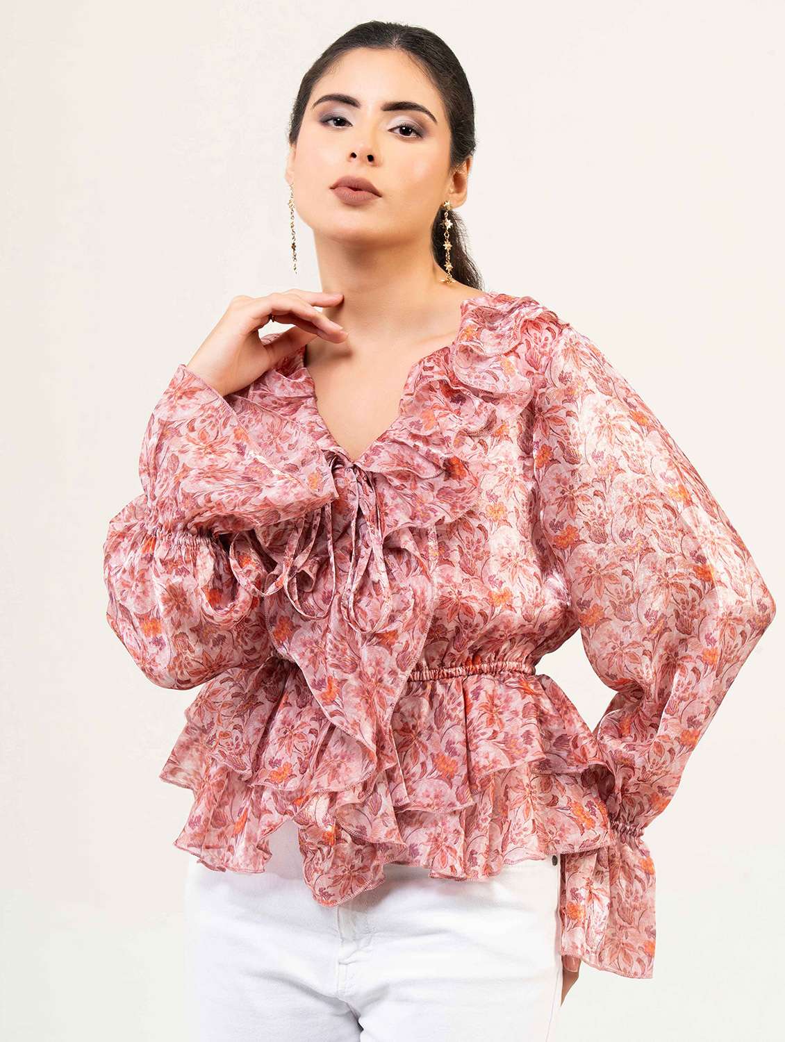 women floral print bell sleeve ruffle top - 22220328 -  Standard Image - 4