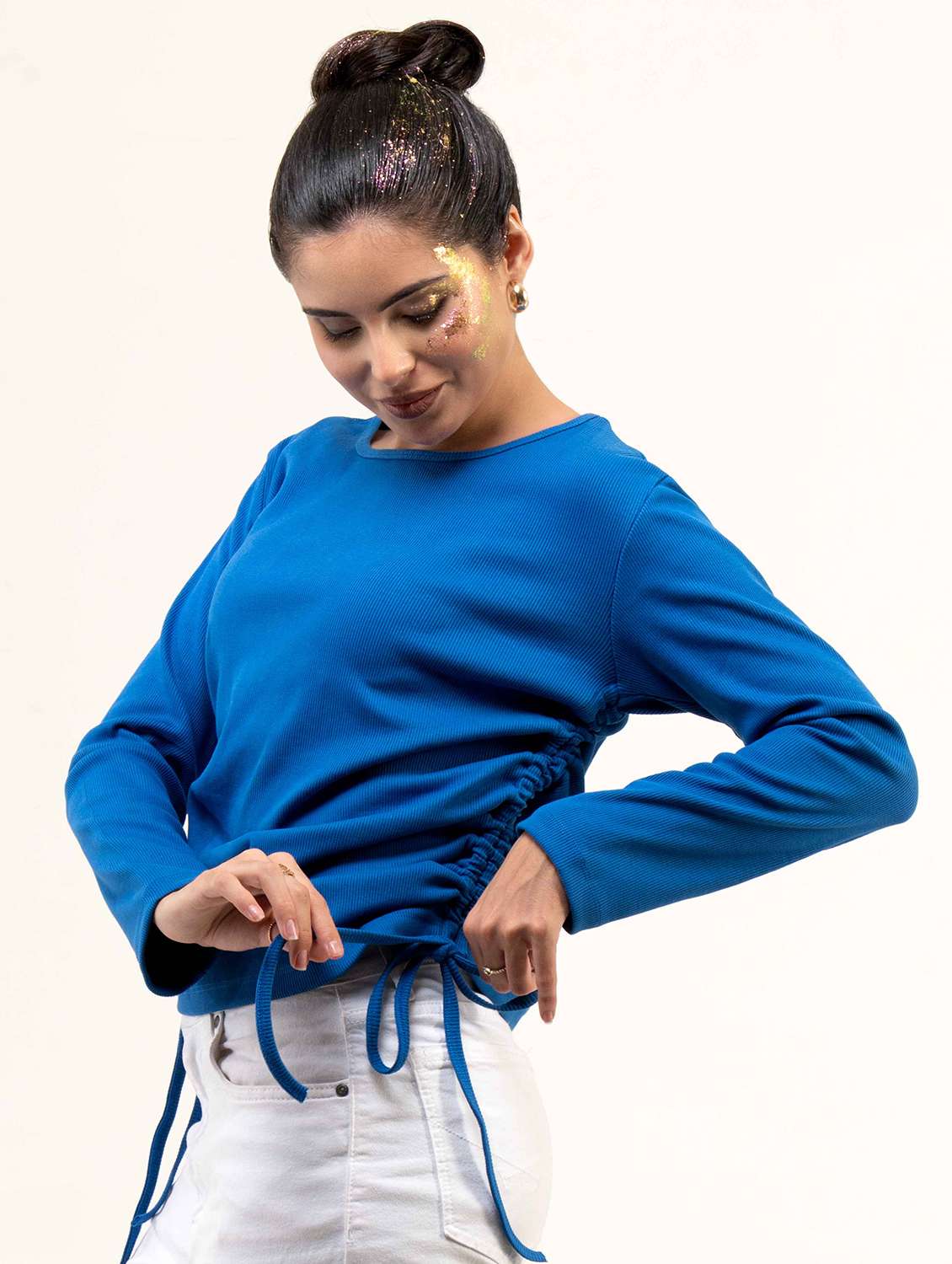 women solid long sleeve ruched top - 22220331 -  Standard Image - 4