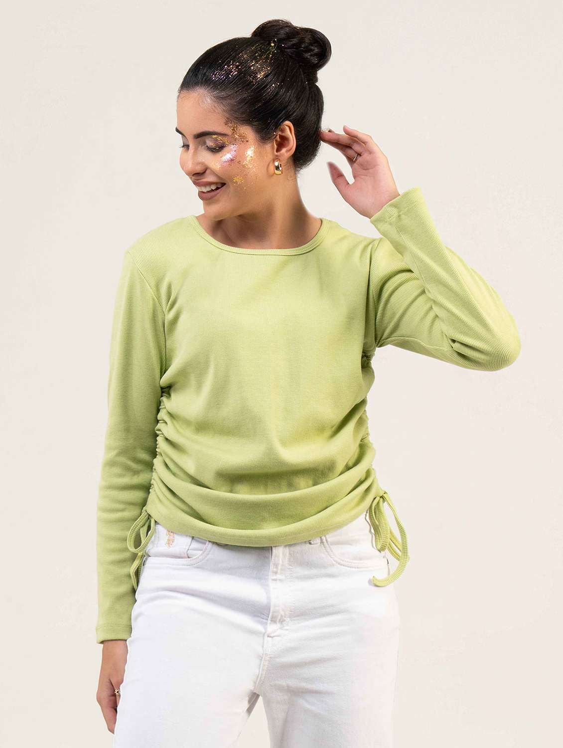 women solid long sleeve ruched top - 22220332 -  Standard Image - 4