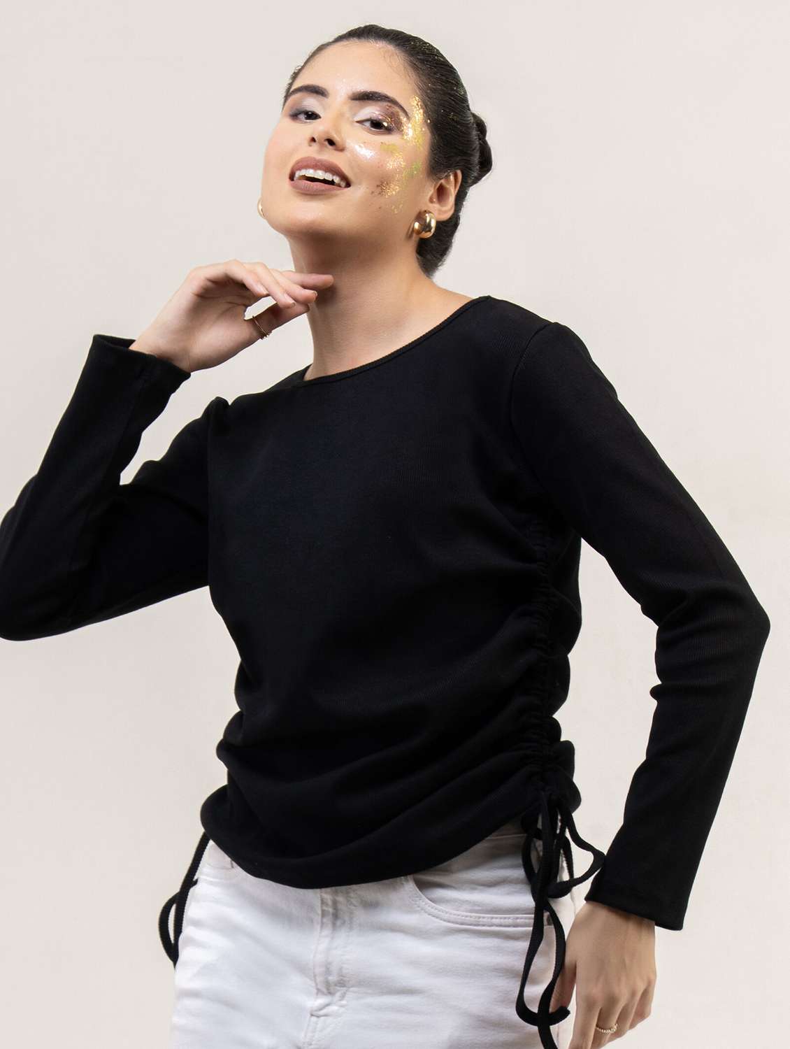 women solid long sleeve ruched top - 22220333 -  Standard Image - 4