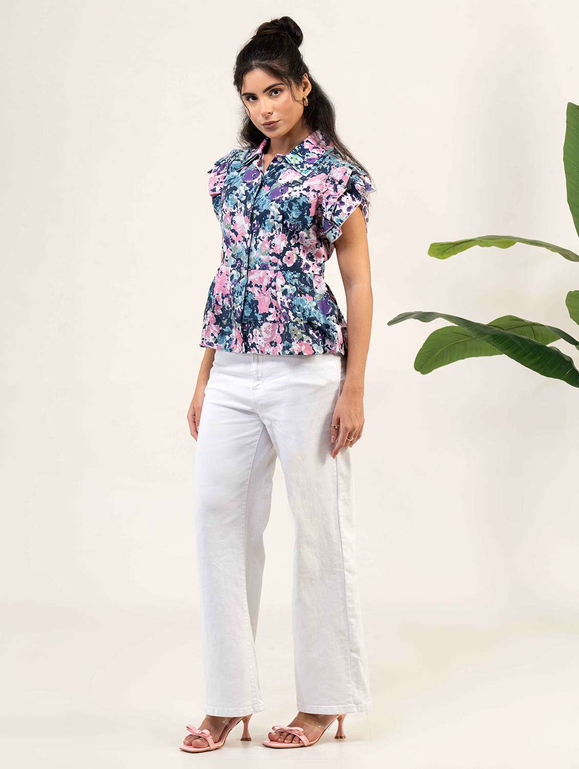 women printed collared flutter sleeve shirt top - 22220334 -  Standard Image - 1