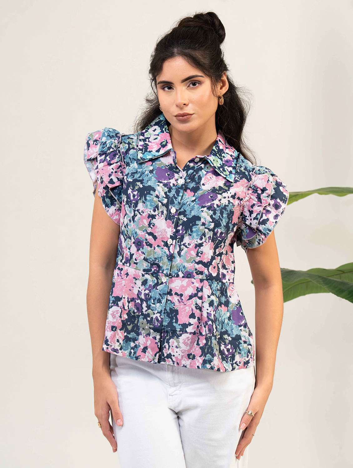 women printed collared flutter sleeve shirt top - 22220334 -  Standard Image - 4