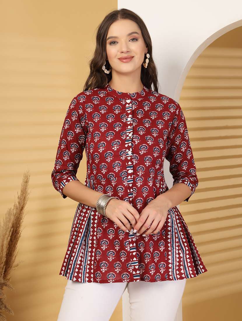 women printed three quarter sleeve a-line kurti