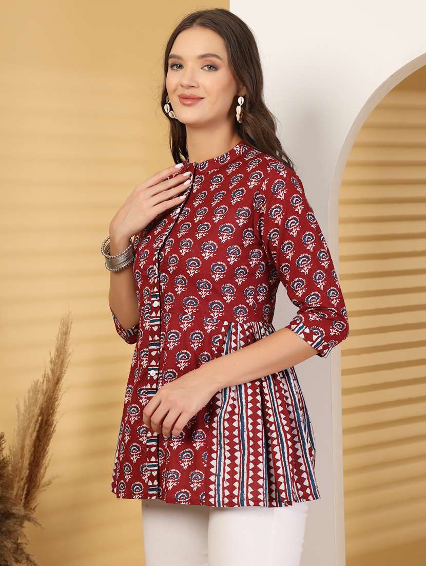 women printed three quarter sleeve a-line kurti - 22222899 -  Standard Image - 1