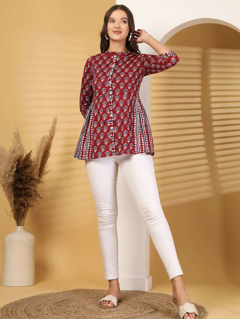 women printed three quarter sleeve a-line kurti - 22222899 -  Standard Image - 4