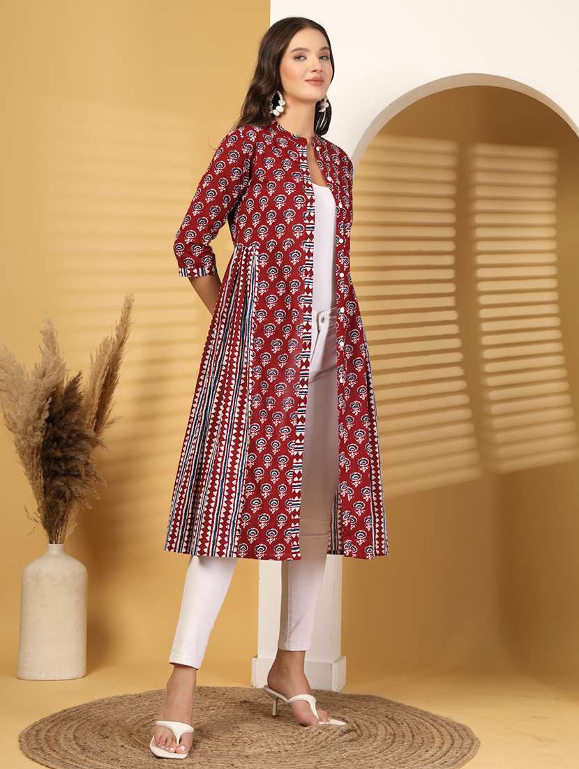 women printed three quarter sleeve long ethnic shrug - 22222902 -  Standard Image - 1