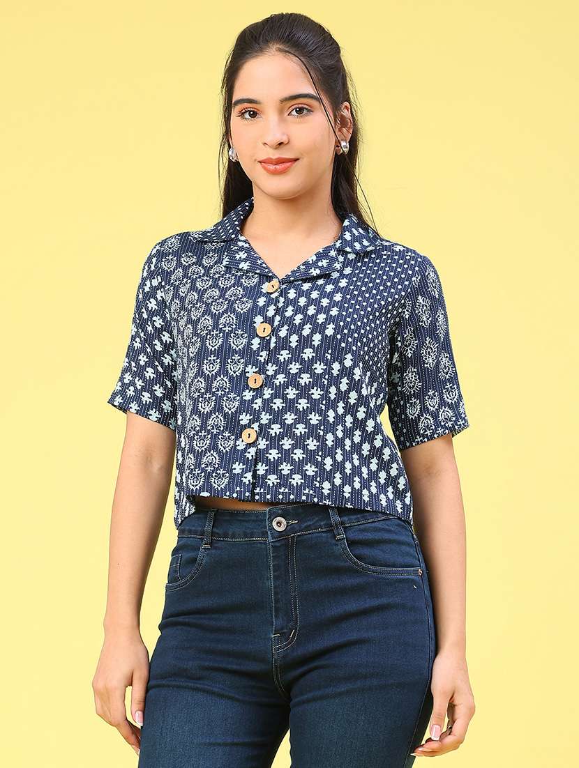 women printed short sleeve crop shirt - 22223014 -  Standard Image - 1