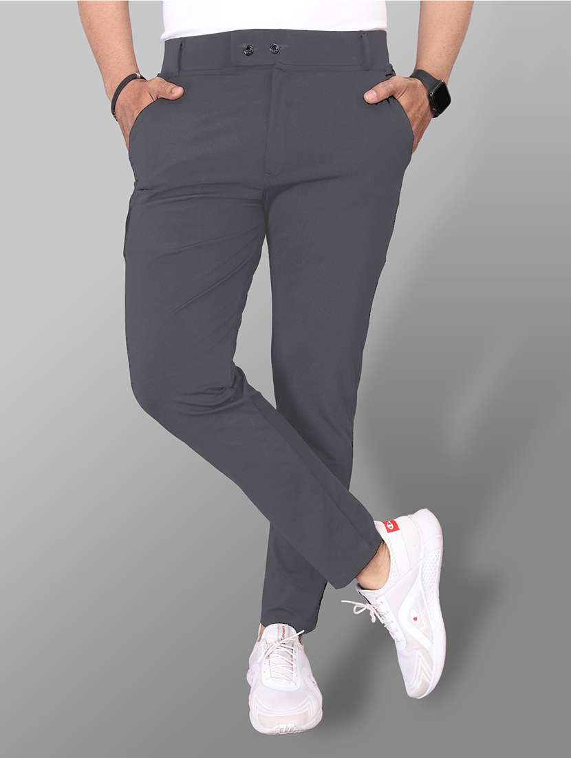 men solid mid rise flat front casual trouser