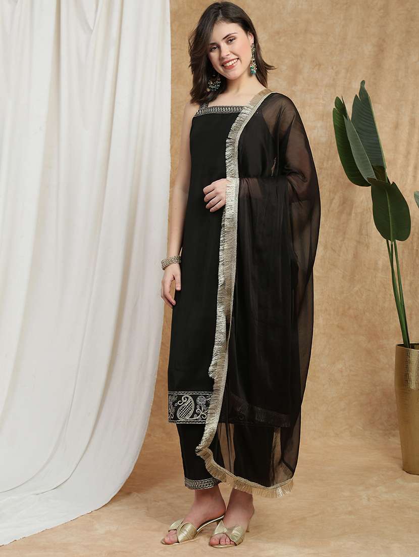 globus women black square neck shoulder straps embroidered detail straight kurta with pants & fringed dupatta festive set - 22223626 -  Standard Image - 1