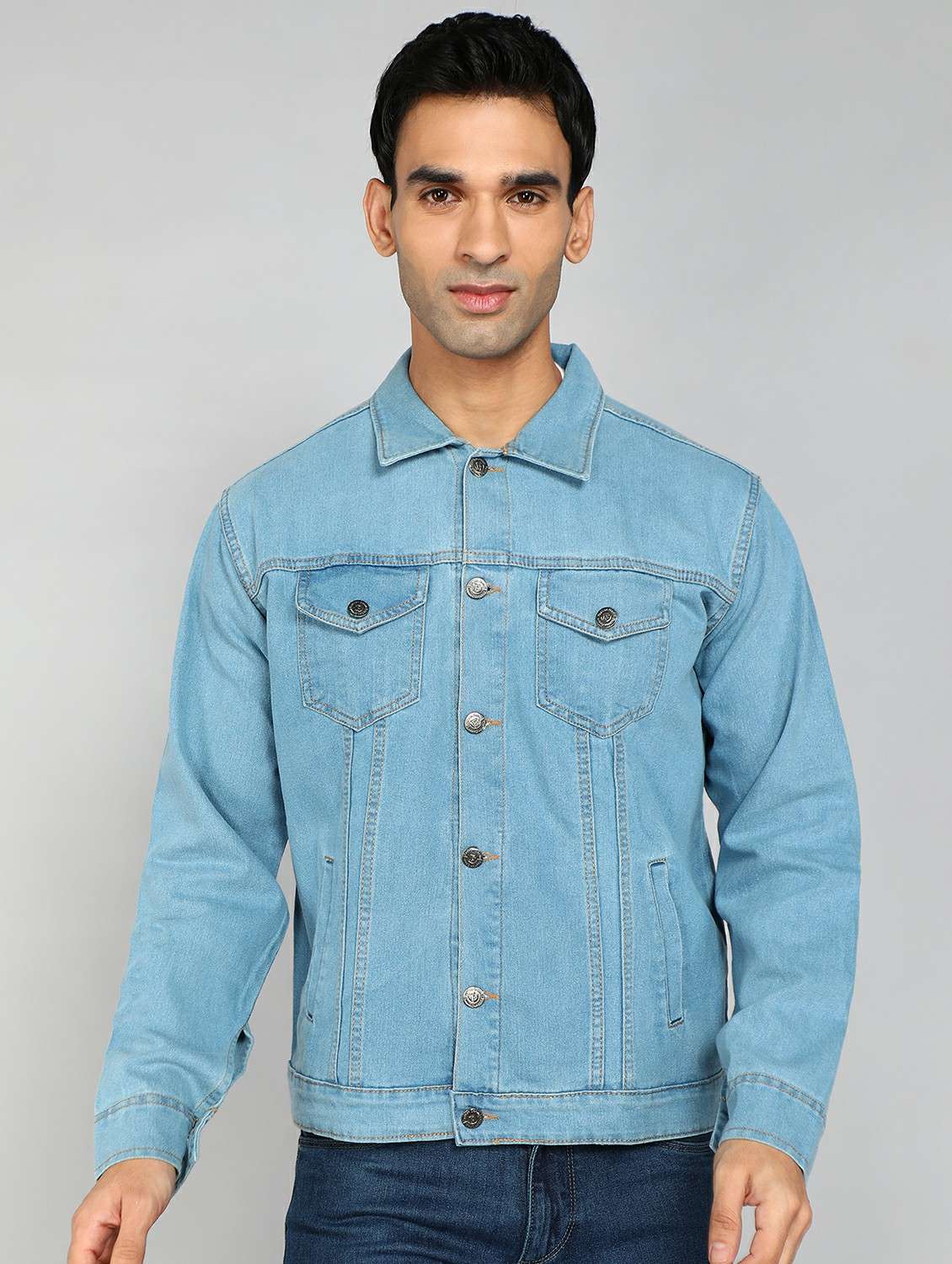 men solid long sleeve denim casual jacket