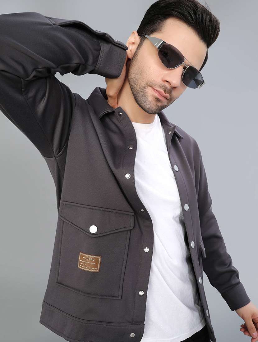 men solid long sleeve regualr fit shacket