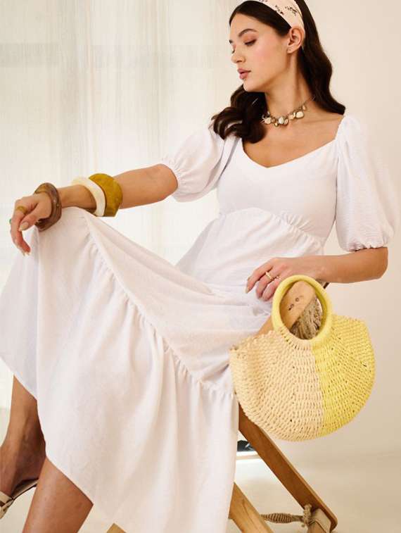 women solid puff sleeve tiered dress - 22223750 -  Standard Image - 1