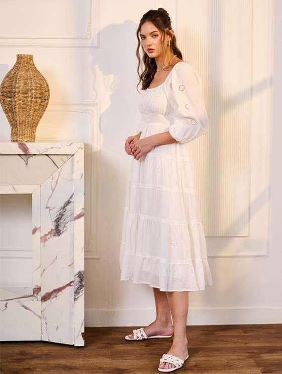 women solid puff sleeve schiffli detailed tiered dress - 22223754 -  Standard Image - 1