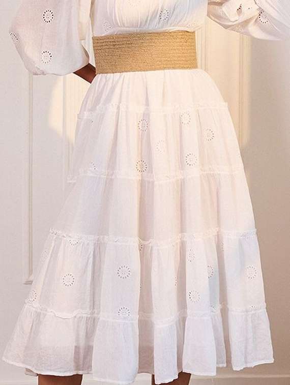 women solid puff sleeve schiffli detailed tiered dress - 22223754 -  Standard Image - 4