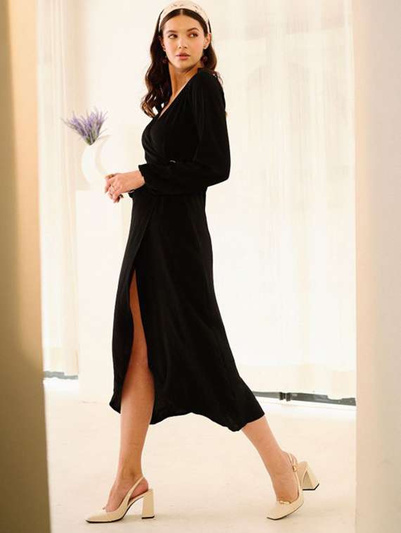 women solid long sleeve wrap dress - 22223761 -  Standard Image - 1
