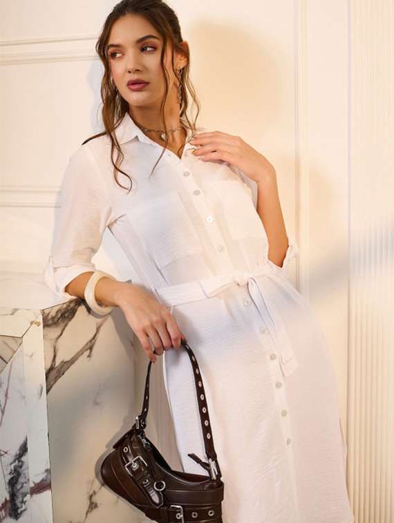 women solid three quarter sleeve shirt dress - 22223768 -  Standard Image - 1