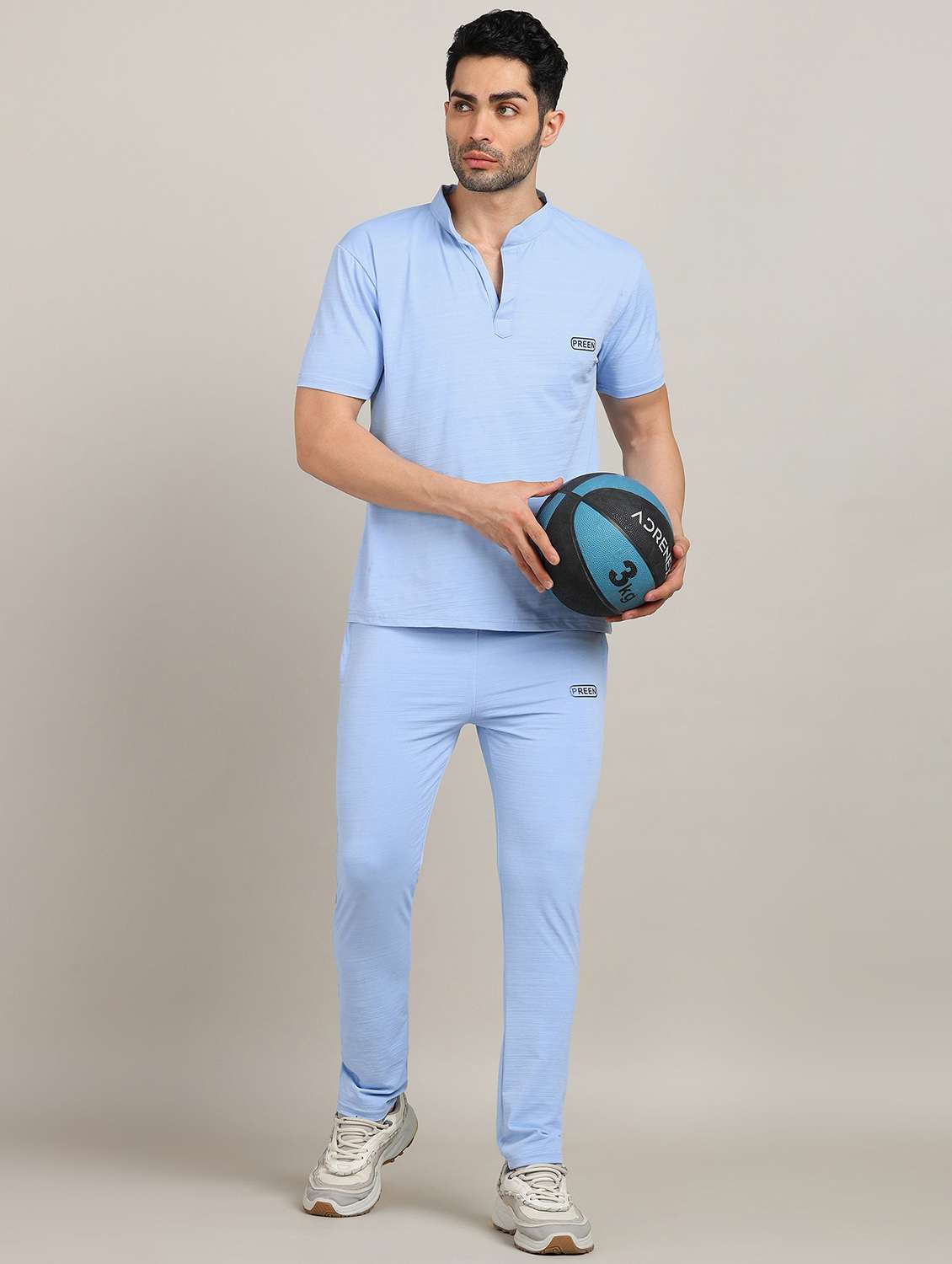 men solid short sleeve full length co-ord set