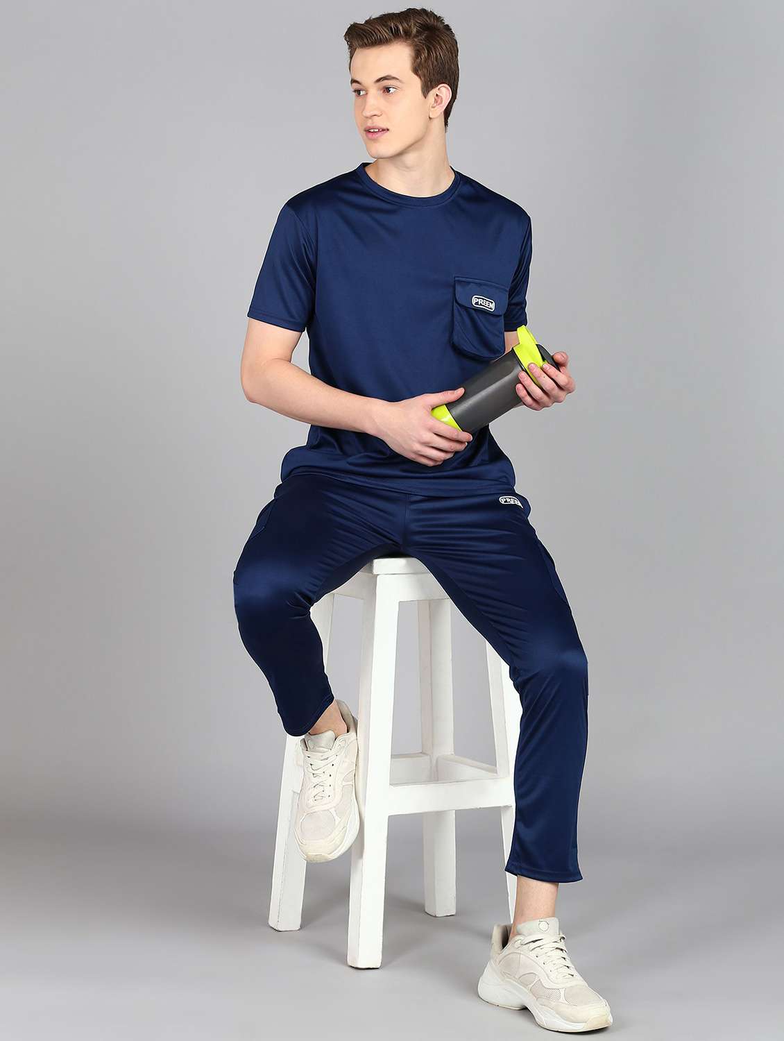 men solid short sleeve full length co-ord set