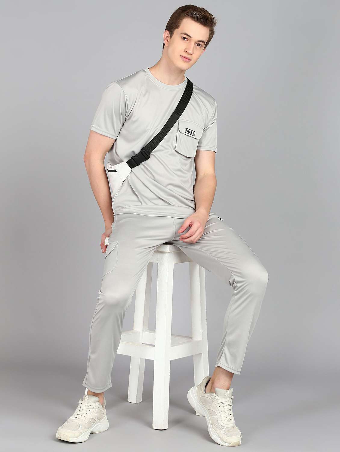 men solid short sleeve full length co-ord set