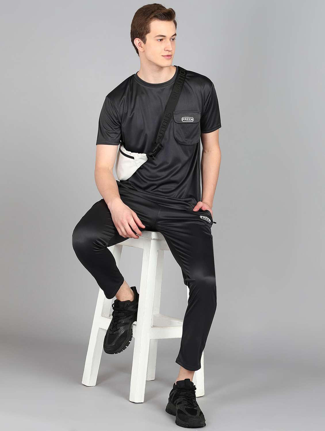 men solid short sleeve full length co-ord set