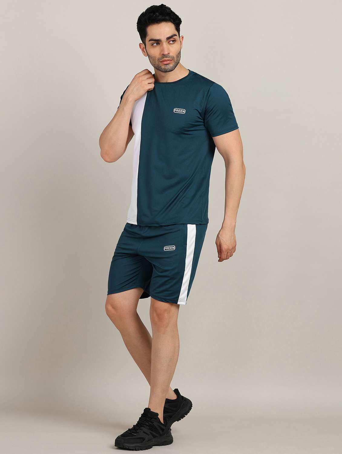 men color block shorts & t-shirt co-ord set - 22224353 -  Standard Image - 1