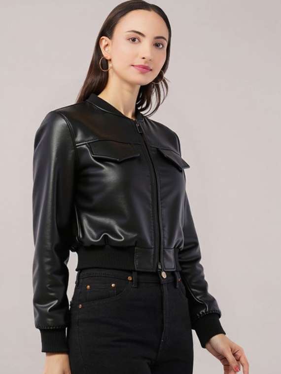 women black solid long sleeve leather jacket - 22224364 -  Standard Image - 1