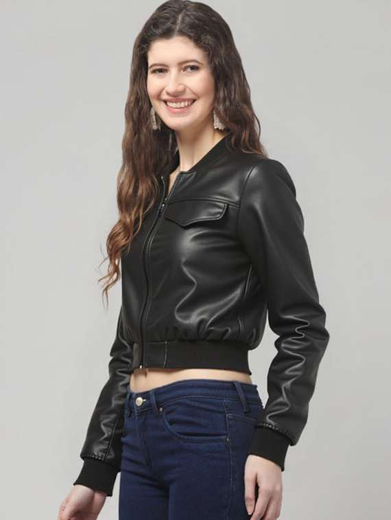 women black solid long sleeve leather jacket