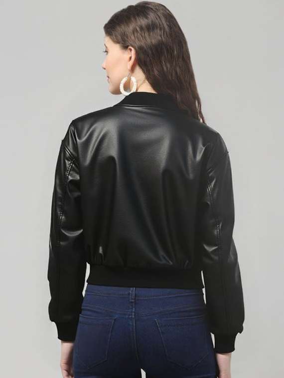 women black solid long sleeve leather jacket - 22224365 -  Standard Image - 1