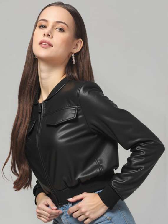women black solid long sleeve leather jacket - 22224366 -  Standard Image - 1