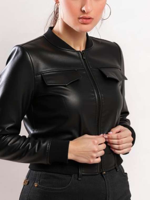 women black solid long sleeve leather jacket - 22224367 -  Standard Image - 1